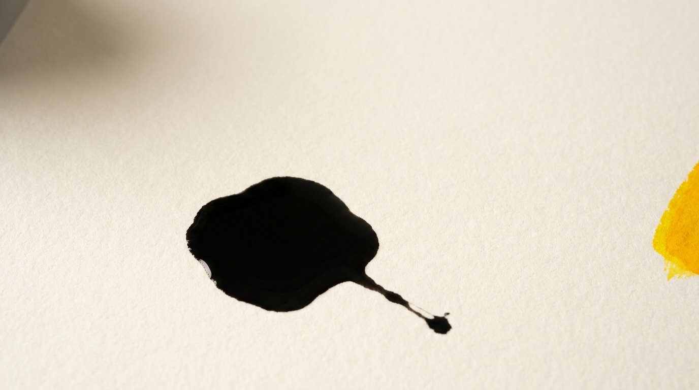 A pool of black ink on cream watercolor paper with a yellow brushstroke at the edge.