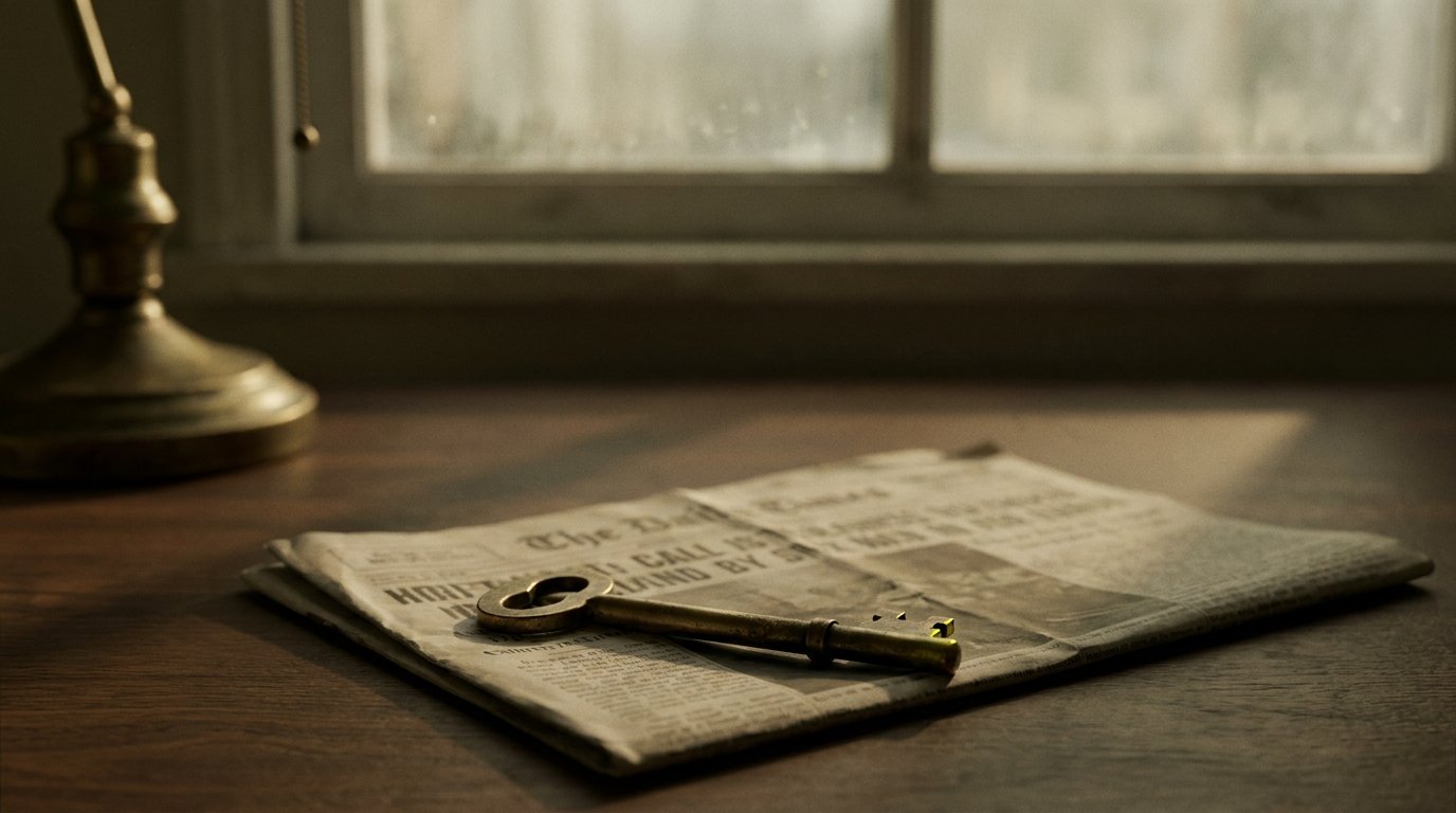 A weathered brass key on a folded newspaper, soft window light.