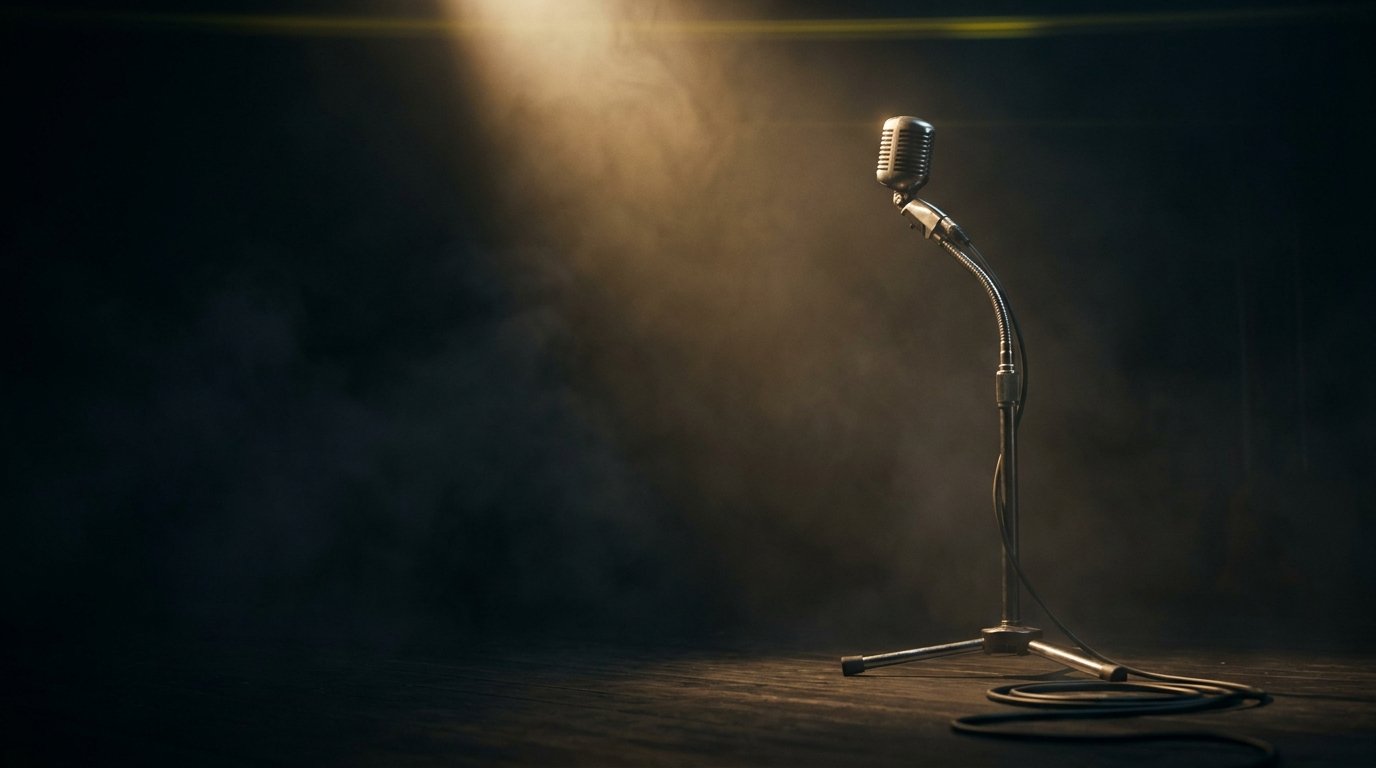 A vintage stage microphone under a single warm tungsten spotlight.