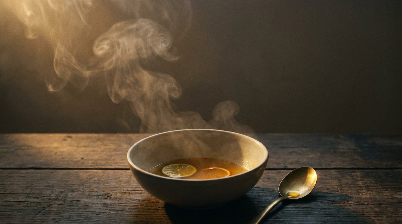 A ceramic bowl of Thai broth with steam rising into warm haze.