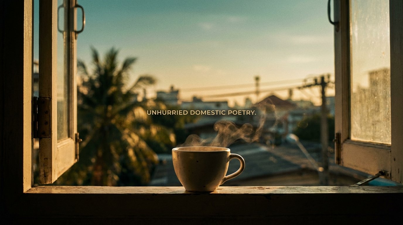 A ceramic teacup on a wooden window ledge, Bangkok afternoon haze.