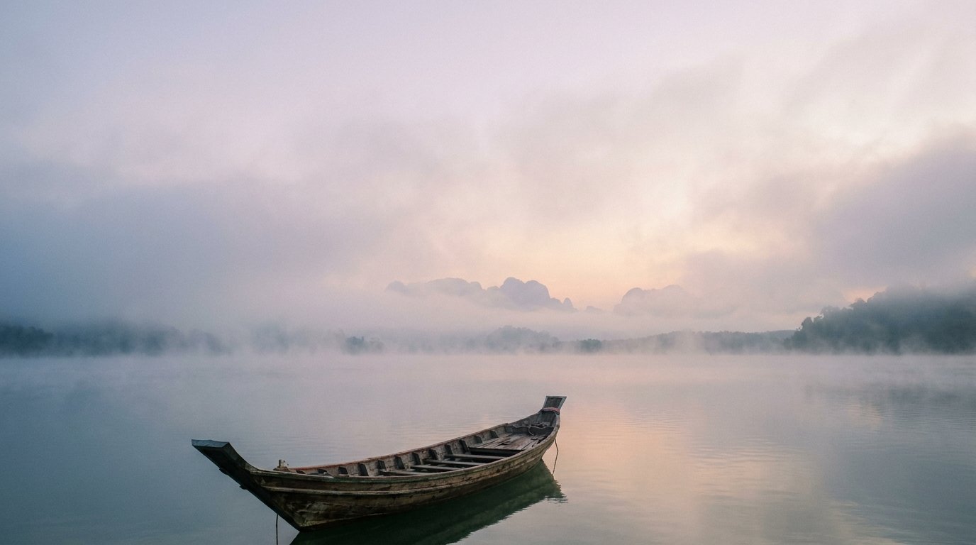 An empty wooden long-tail boat on misty water at dawn, lilac sky.