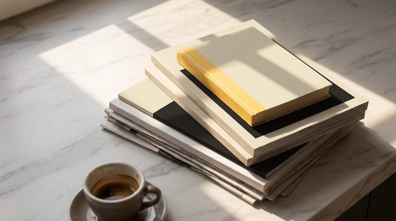 A stack of magazines with a yellow-spined book on a marble counter, diagonal sunlight.